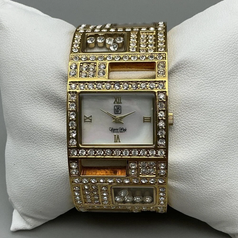 Victoria Wieck Womens Watch 27mm Gold Tone Floating Crystals Cuff New Battery